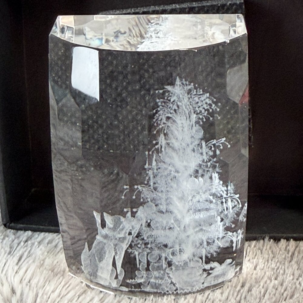 3D Engraved Laser Etched Glass Crystal Paperweight Christmas Tree Cat Kitten